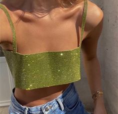 Green Sparkle Evening Top - Juniper Polo Sweaters Women, Cute Tube Tops, Glitter Crop Top, Y2k Inspired Outfit, Oversized Sweater Women, Diy Vetement, Colorful Crop Tops, Evening Tops, Cropped Tops