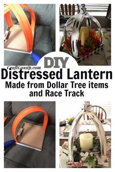 the diy distressed lantern made from dollar tree items and race track is featured in this article