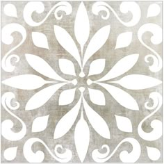 a white and gray floral design on a beige background with swirls in the middle