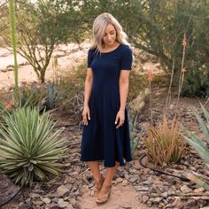 Navy Blue, Flared Midi Dress. Never Worn. Modest Blue Midi Dress With Short Sleeves, Modest Blue Midi Dress For Day Out, Blue Fitted Modest Midi Dress, Colorful Dresses, Color Blue, Navy Blue, Midi Dress, Womens Dresses, Navy