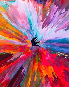 an abstract painting with colorful colors and a person reaching for the light in the center