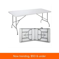 a white table with two folding sides and the words now trending $ 50 & under