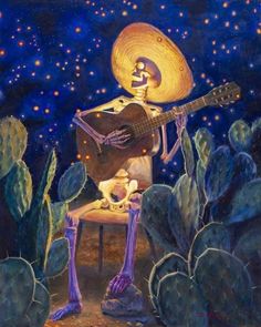 a painting of a skeleton playing a guitar in the middle of some cactus bushes at night