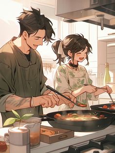 a man and woman cooking food on top of a frying pan in a kitchen