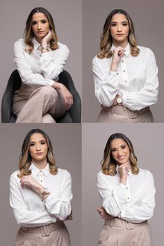 four different shots of a woman in white shirt and tan pants with her hands on her chin