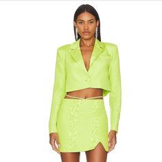 Camila Coelho Hannah Cropped Blazer+Mini Skirt In Apple Green Blazer Size Xs Skirt Size S Selling It As A Set! Spring Chic Long Sleeve Skirt Suit, Chic Green Blazer For Night Out, Chic Long Sleeve Summer Skirt Suit, Chic Green Fitted Skirt Suit, Chic Fitted Green Skirt Suit, Yellow Fitted Party Blazer, Fitted Yellow Party Blazer, Spring Green Fitted Skirt Suit, Green Skirt Suit For Fall