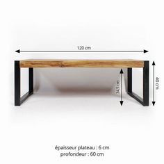 a wooden bench with black metal legs and measurements