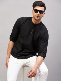 Vastramay Men's Black Short Cotton Kurta Casual Black Kurta For Summer, Casual Black Festive Kurta, Black Straight Kurta For Casual Wear, Casual Black Straight Kurta, Black Straight Kurta For Summer, Traditional Black Summer Kurta, Black Traditional Summer Kurta, Fitted Black Kurta For Summer, Kurta Men