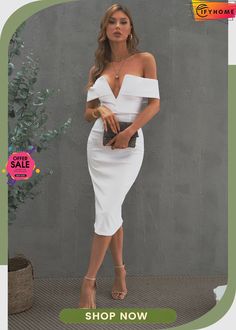 White Off-the-shoulder Midi Dress Elegant White Off-shoulder Bodycon Dress, White Fitted Knee-length Off Shoulder Dress, Chic White Off-shoulder Mini Dress, Chic White Off Shoulder Dress For Evening, White Fitted Off-shoulder Evening Dress, White Off-shoulder Bodycon Party Dress, White Off Shoulder Summer Party Dress, White Off-shoulder Bodycon Dress For Party, White Off Shoulder Dress For Summer Party