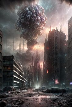 a city filled with lots of tall buildings next to a large mushroom like object in the sky