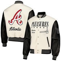 Elevate your Atlanta Braves collection by adding this full-snap Varsity jacket to your wardrobe. It features an original Atlanta Braves design with Chenille details and faux leather sleeves for an eye-catching, modern look. Quilted lining and a cozy midweight construction help you sustain warmth and comfort.Elevate your Atlanta Braves collection by adding this full-snap Varsity jacket to your wardrobe. It features an original Atlanta Braves design with Chenille details and faux leather sleeves f White Baseball Collar Outerwear For Sports Events, Fitted Varsity Outerwear With Baseball Collar, White Varsity Jacket With Button Closure, Fitted Outerwear With Button Closure For College, Varsity Fitted Outerwear For College, Varsity Style Fitted Outerwear For College, Fall Sports Event Outerwear With Ribbed Cuffs, Fitted Varsity Jacket With Button Closure For College, Urban Fitted Outerwear For College