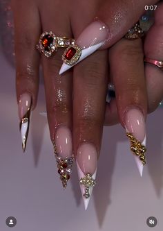 Gem Nail Designs, Gold Acrylic Nails, Acrylic Press On Nails, Nail Tip, Nails Only