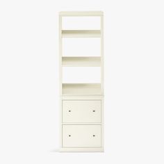 a white bookcase with two drawers on the bottom and one drawer at the top