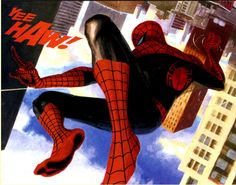 a painting of a spider man flying through the air with buildings in the back ground