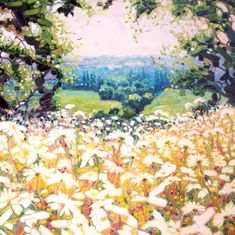 a painting of white flowers in a field with trees and hills in the distance behind them