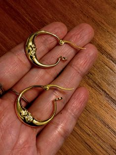 Gold Crescent Hoop Earrings In Brass, Brass Hoop Huggie Earrings As Gift, Brass Hoop Huggie Earrings For Gift, Gold Crescent Hoop Earrings With Ear Wire, Celestial Gold Plated Hoop Earrings As Gift, Gold Celestial Small Hoop Huggie Earrings, Gold Celestial Huggie Earrings As Gift, Gold Half Moon Handmade Earrings, Gold Crescent Hoop Earrings For Everyday