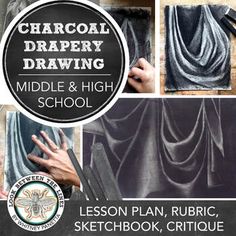 an advertisement for the charcoal drapery drawing middle and high school lesson plan, rubic sketchbook, critique