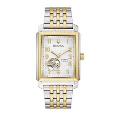 Express your stylish self with the modern sophistication of this men's Bulova Sutton two-toned automatic watch with a rectangular dial. The textured white dial features gold-toned hands, number markers and a signature tuning fork at 12 o'clock. 33.0mm rectangular stainless steel case with curved mineral crystal and a gold-toned ion-plated bezel With self-winding capabilities, the open aperture window and exhibition case back offer a view of the 21-jewel automatic movement, with a power reserve o Mechanical Heart, Bulova Watches, Silver Water, Cartier Tank, Beating Heart, Classic Watches, Two Tone Watch, White Dial, Minerals Crystals