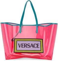 Versace - Pink & Blue PVC Oversized Tote Versace Bag, Versace Pink, Pink Vinyl, Leather Lanyard, Oversized Tote, Versace Outfit, Versace Bags, Shopper Tote, Shopper Bag