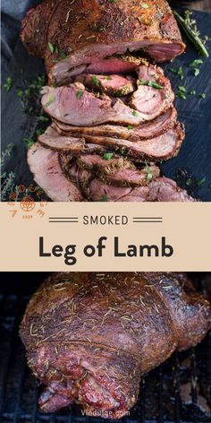 smoked leg of lamb on the grill with text overlay