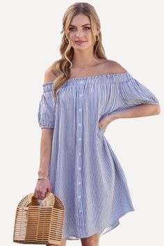 This off-shoulder striped dress is the perfect choice for a summer day. It is made of a lightweight, breathable woven fabric and features short puff sleeves, an elastic/off-shoulder neckline, and a straight cut for a comfortable and flattering fit. Whether you’re headed to a picnic or a night out, this dress will have you looking great. Elastic neckline Short puff sleeves with elastic cuffs Front button placket Side pockets Soft rayon fabric By Ninexis Size Guide Relaxed fit The model is wearing a size Small Summer Off-shoulder Dress With Elastic Neckline, Blue Off-shoulder Casual Dress For Vacation, Off-shoulder Cotton Mini Dress For Beach, Off-shoulder Striped Dresses For Spring, Summer Off-shoulder Mini Dress With Elastic Shoulders, A Picnic, Rayon Fabric, Summer Day, Straight Cut