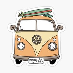 a vw bus with surfboards on top sticker