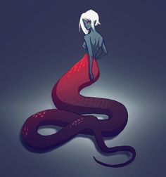 a drawing of a woman standing on top of a red and black snake with white hair