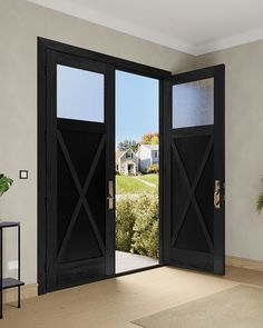 an open black door in a white room