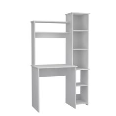 a white desk with shelves on the top and bottom shelf in the middle, against a white background