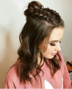 www.kikihair.com.au Braided Bun Hairstyles Half Up Half Down, Short Hair Hairstyles Homecoming, Braided Half Back Hairstyles, Prom Hairstyles Shoulder Length Curls, Meduim Length Hair, Braided Half Up Half Down Hair, Half Braided Hairstyles, Jess Conte