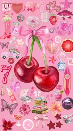 a painting of two cherries on a pink background with hearts, flowers and other items