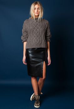 sweater + leather skirt + leopard boots Leather Skirt Outfit, Leather Pencil Skirt, Faux Leather Skirt, Fall Winter Outfits