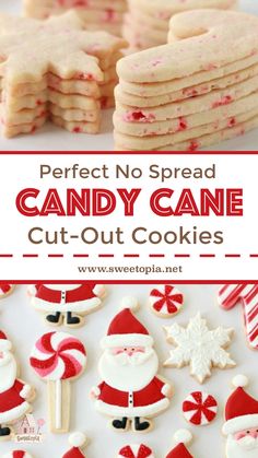 some candy cane cut out cookies with santa's hats on them and the words, perfect no spread candy cane cut out cookies