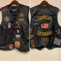 Awesome vest. Some wear from a removed patch shown on front in picture 10. Picture 11 shows some drying of the leather towards the top of the back. Needs some love. A little cleaning and reconditioning would make it awesome. Combat Medic, Wounded Warrior Project, Vietnam Vets, Department Of Corrections, Motorcycle Vest, Wounded Warrior, Biker Vest, American Veterans, Veteran T Shirts