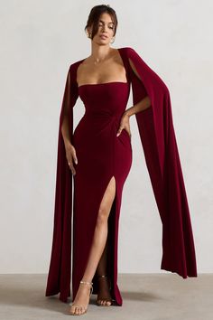 Claretta Berry Square Neck Twisted Maxi Dress With Cape Sleeves – Club L London - USA Scene Stealer, Long Cape, Split Long Dress, Leg Split, Jumpsuit Outfit, Split Maxi Dress, Cape Sleeves, Autumn Dress, Solid Color Dress