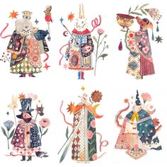 four colorfully painted images of people with flowers and stars on their heads are shown