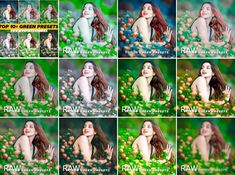 many different pictures of the same woman with long hair and green dress, in various poses