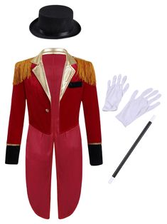 a red suit with gold trim and white gloves is next to a black top hat