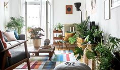 a living room filled with lots of plants and furniture