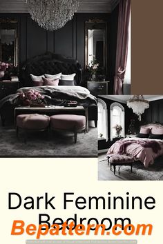 dark feminine bedroom with chandelier and pink bedding in the middle, black walls