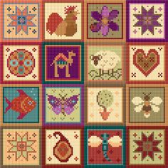 a cross stitch pattern with many different designs