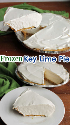 a frozen key lime pie on a plate with one slice cut out and the other half eaten