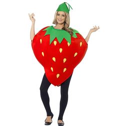 a woman in a strawberry costume is standing with her arms out and legs spread wide