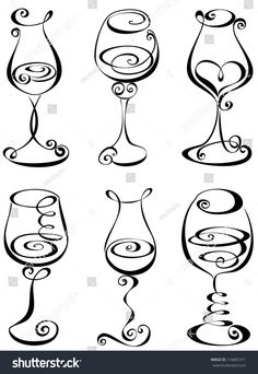 wine glasses with swirly designs on the rims and stemings, hand drawn in black ink