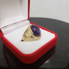 Gold Jerusalem Cross Purple Amethyst Cabochon Ring – Karma Blingz Stone Pattern, Cabochon Ring, Rings Cool, Purple Stones, February Birth Stone, Purple Amethyst, Metal Rings, Gemstone Colors, Sapphire Ring