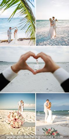 wedding photos taken on the beach with their hands in the shape of a heart and palm tree