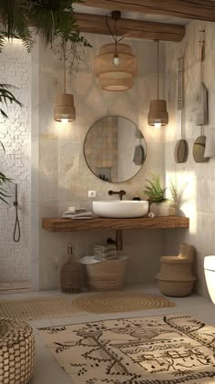 a bathroom with a rug, sink and mirror