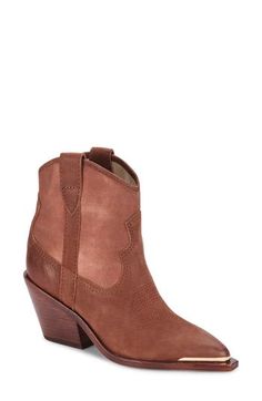 Contrasting fabric and leather paneling define a Western bootie styled with a Cuban heel, topstitching and a squared-off toe with gleaming hardware. 4 3/4" heel 4 3/4" shaft Textile and leather upper/synthetic lining/rubber sole Imported Fall Boots With Reinforced Heel And Pointed Toe, Western Style Medium Width Heeled Boots For Work, Western Snip Toe Booties For Fall, Western Style Leather Sole Booties For Fall, Western Heeled Boots With Reinforced Heel For Work, Western Style Heeled Boots With Reinforced Heel For Work, Western Style Heeled Boots For Work With Reinforced Heel, Western Style Mid-calf Boots With Reinforced Heel For Workwear, Western Style Heeled Boots For Fall Workwear