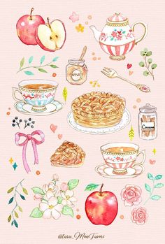 Vintage Watercolor Illustration, Pastel Dutch Aesthetic, Poster Aesthetic Vintage, Kawaii Food Art, Valentine Wallpapers, Breakfast Poster, Valentines Day Wallpaper, Vintage Breakfast, Romantic Breakfast