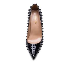 Make a statement in Spikes Pink Sole High Heel Pumps! These stylish and sexy shoes feature a bold pink sole, spikes for added flair, and a comfortable heel height. Whether you're dressing up for a night out or a day at the office, these shoes will make you stand out from the crowd. Genuine leather upper and insole; rubber outsole Point toe Spikes all over the shoes Pink sole 4" heel (10 cm, approximately) Punk Style Patent Leather Party Heels, Punk Patent Leather Heels For Party, Chic High Heels With Rivets, Formal Pointed Toe Heels With Gold Studs, Edgy Studded Evening Heels, Punk Style Pointed Toe Heels For Formal Occasions, Edgy Studded Heels For Evening, Chic Heels With Rivets For Party, Edgy Spiked Heels For Formal Occasions